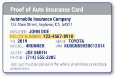 Auto insurance card showing policyholder and vehicle details.