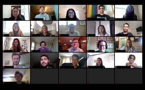 A virtual group video call with multiple participants in a grid layout.